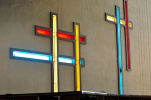 Crosses made from stained glass decorate the inner walls of Saint Paul's Cathedral