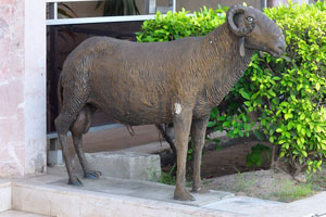 A statue of ram is at the entrance to Hotel Nouvelle Pergola