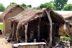 A thatched wooden house is located near Korhogo