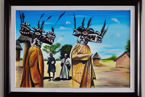The reception of hotel OLYMPE: a painting depicts the ancient national costumes of Côte d’Ivoire