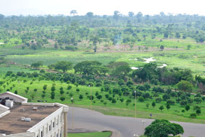 A wide expanse of grassland and forests opens from the Basilica of Our Lady of Peace