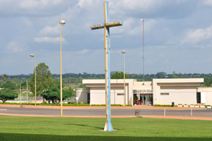 The cross stands amidst the lawn