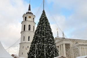 The Christmas tree is on the background of the Vilnius Cathedral