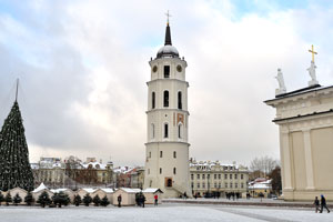 The bell tower of the Vilnius Cathedral as seen from Cathedral square