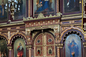 The holy doors, or beautiful gates are the central doors of the iconostasis in the Cathedral of the Theotokos