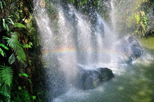 This waterfall is a man-made structure, yet the waterfall's rainbow is quite natural!