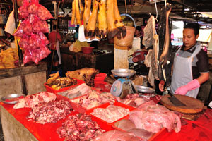 The produce is fresh, colourful and the variety is on display: raw meat for sale