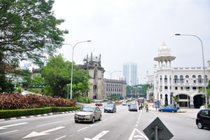 KTM Berhad building is on the left side and Kuala Lumpur railway station is on the right side of the road