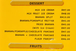 Abdul's Chalets menu: desserts and fruits