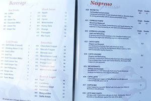 Tuna Cafe menu: Ristretto, Espresso forte, Caffe leggero, Cappucino, Latte macchiato