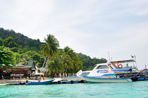 Universal Diver speedboat is moored opposite Tuna Bay Island Resort