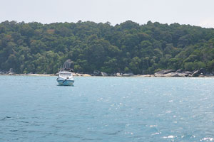 Enclosed speedboat is anchored near to the Flora beach