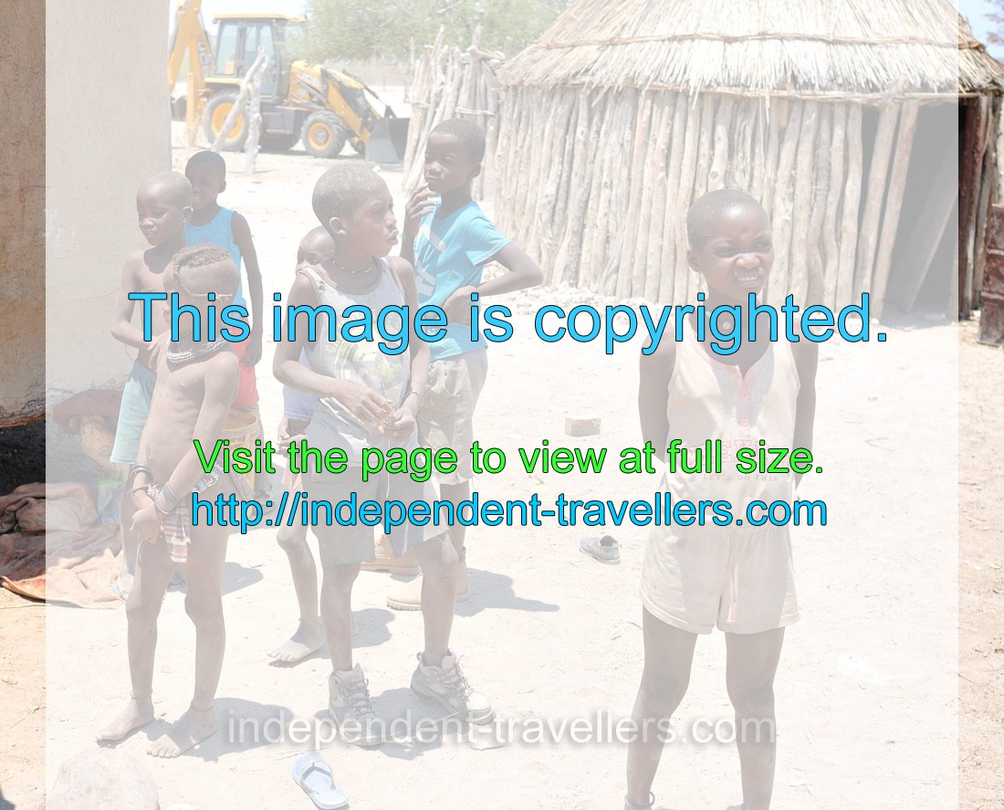 Himba children and a tractor on the background