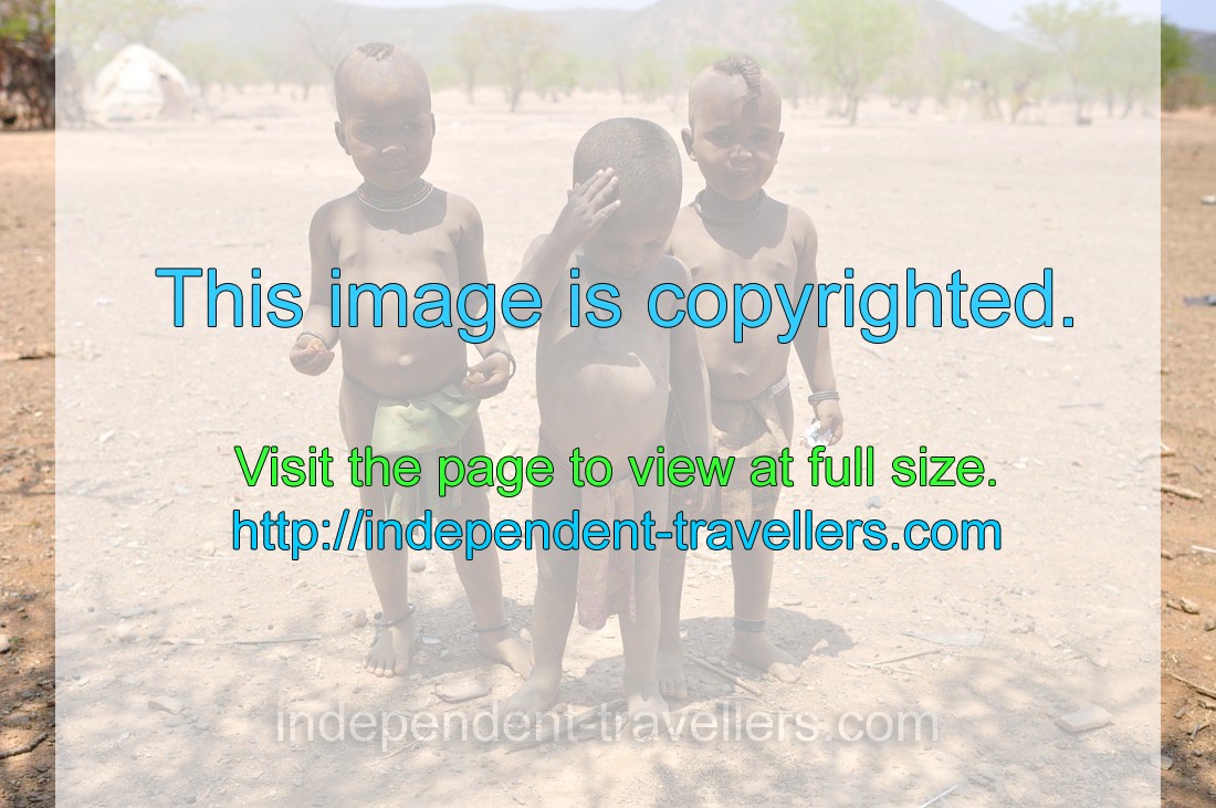 Little Himba boys are standing with sweets in the shade