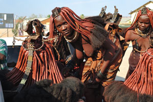 Himba people are at the entrance to the Opuwo District Hospital
