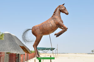 The statue of a horse is installed at the entrance to the Namibia Lodge 2000 and Safaris
