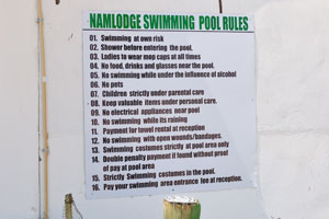 This is the swimming pool rules of the Namibia Lodge 2000 and Safaris