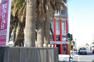 Tall palm trees grow at the entrance to the Kabab House restaurant