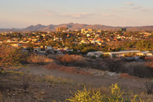 The city of Windhoek as seen from the Dorado observation deck at sunset