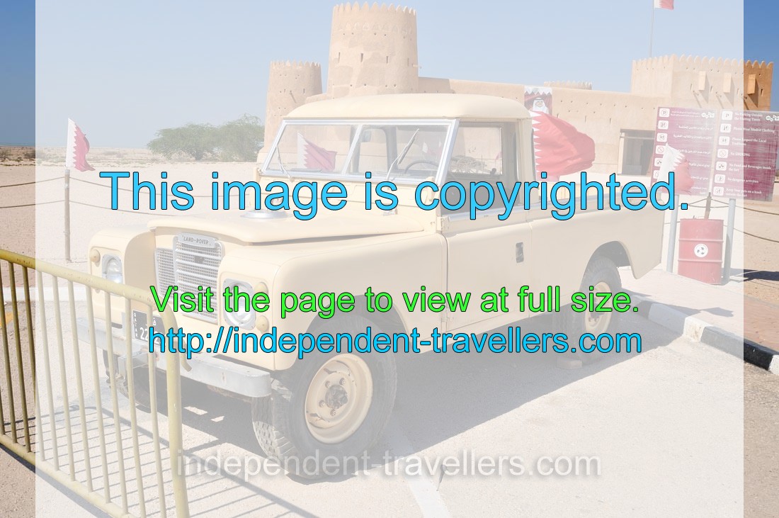 The Land Rover vintage car is located in the front of Al Zubara Fort