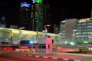 Doha Convention Center is on the background of Shangri-la, Rotana, and Merweb towers