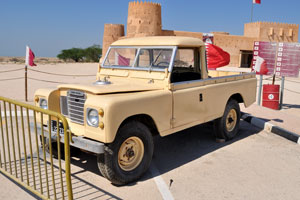 The Land Rover vintage car is located in the front of Al Zubara Fort