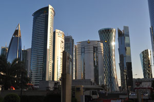 A series of skyscrapers from the Woqod Tower “on the left” to the Tornado Tower “on the right”