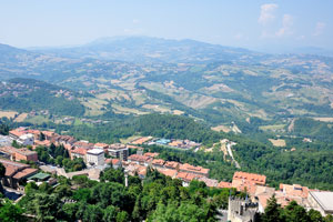 The city of San Marino as seen from the most top of the tower of Guaita fortress