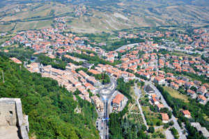 The lower station of the cable car as seen from the tower of Guaita fortress