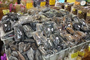 Large boxes of the dried sea cucumbers