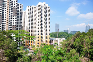 City immersed in lush greenery