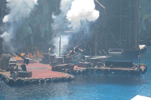 Waterworld - man was thrown up from the explosion
