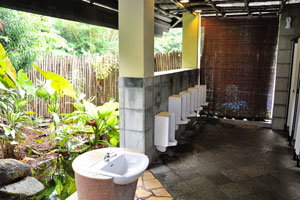 Restroom has been built on the open air and is surrounded by flowers and plants