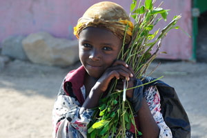 Little Somali girl holds a bunch of khat twigs in her hands