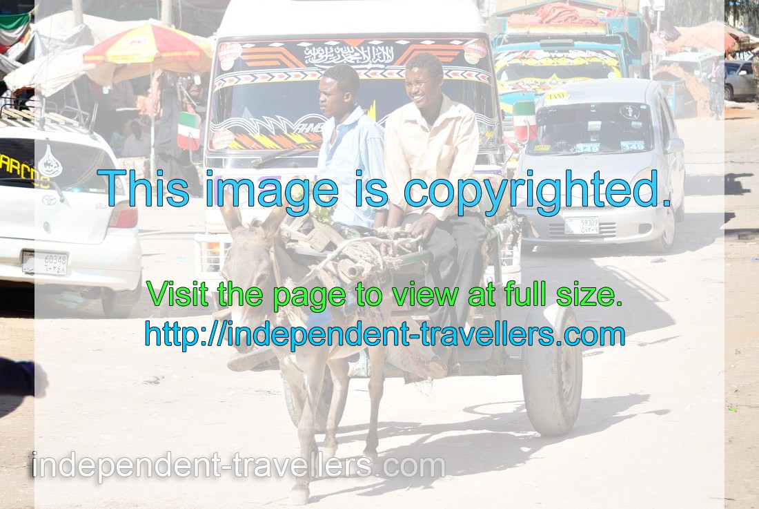 Two Somali men using a donkey cart on the Arwada road