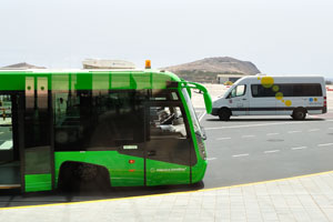 A green airport bus is in Gran Canaria Airport (IATA: LPA)
