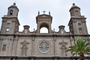 The top part of Cathedral of Santa Ana as seen from Santa Ana square