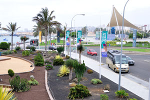 Landscape design decorates the entrance to “Centro Comercial El Muelle” shopping mall