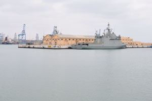 Warship is docked at the ferry terminal of Las Palmas