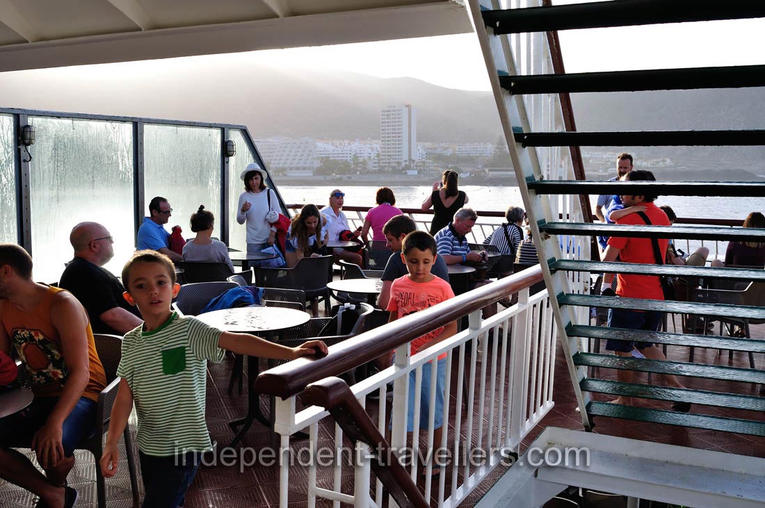 An open air area is filled with people on Volcán de Taburiente ferry