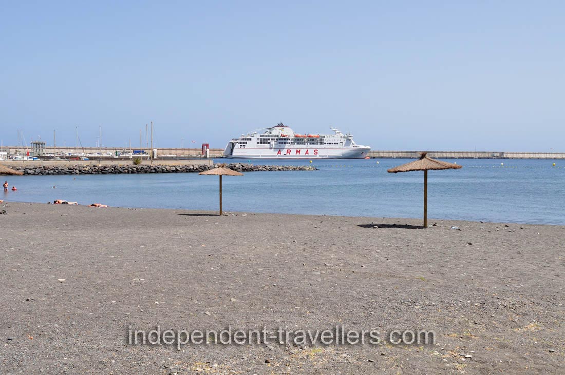 Naviera Armas ferry as seen from Playa De La Punta beach in San Sebastián de La Gomera town
