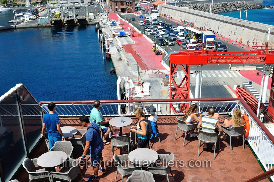 Some passengers prefer the open air area of Naviera Armas ferry, at least in the beginning of the trip it serves as a scenic spot