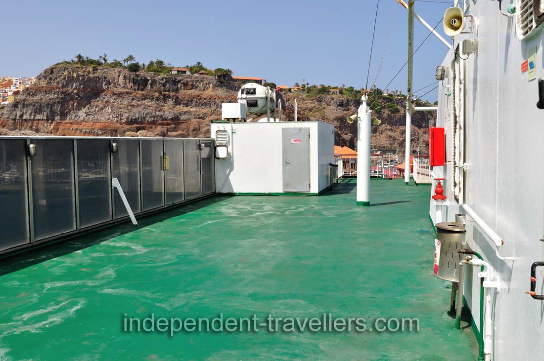 The green top open air area of Naviera Armas ferry, docked in San Sebastián de La Gomera port