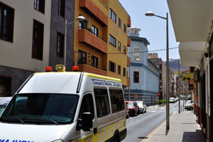 An ambulance rides in San Sebastián de La Gomera town