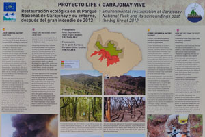 An information board in San Sebastián de La Gomera reads “Environmental restoration of Garajonay National Park and its surroundings post the big fire of 2012”