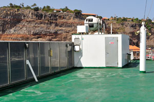 The green top open air area of Naviera Armas ferry, docked in San Sebastián de La Gomera port