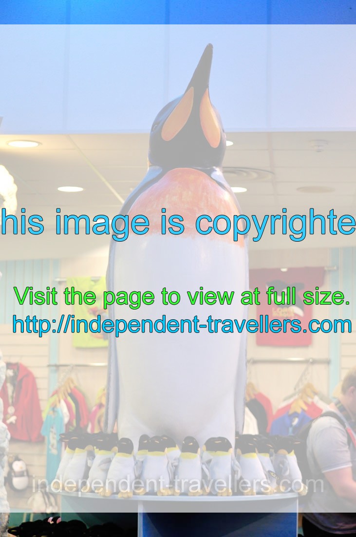 A giant artificial penguin decorates the souvenir shop
