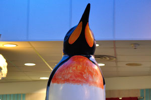 A giant artificial penguin decorates the souvenir shop