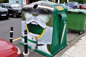 The large garbage container in the city of Puerto de la Cruz is funny decorated