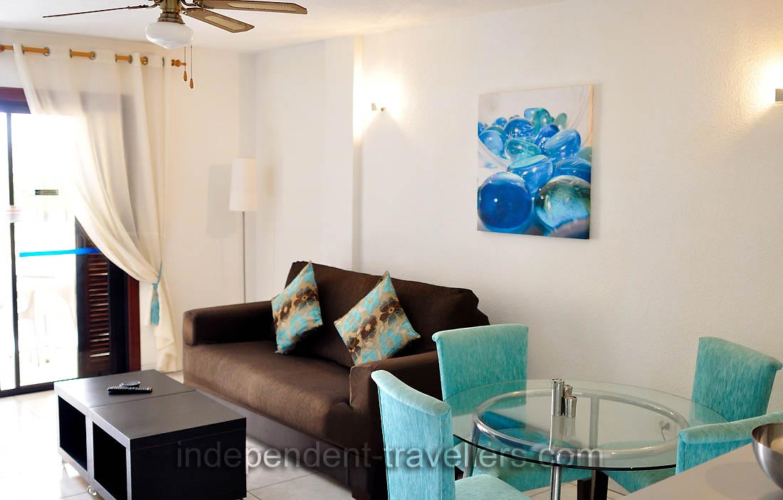This is the sofa in the living room of apartment where we stayed in the &ldquo;San Marino&rdquo; apartment complex